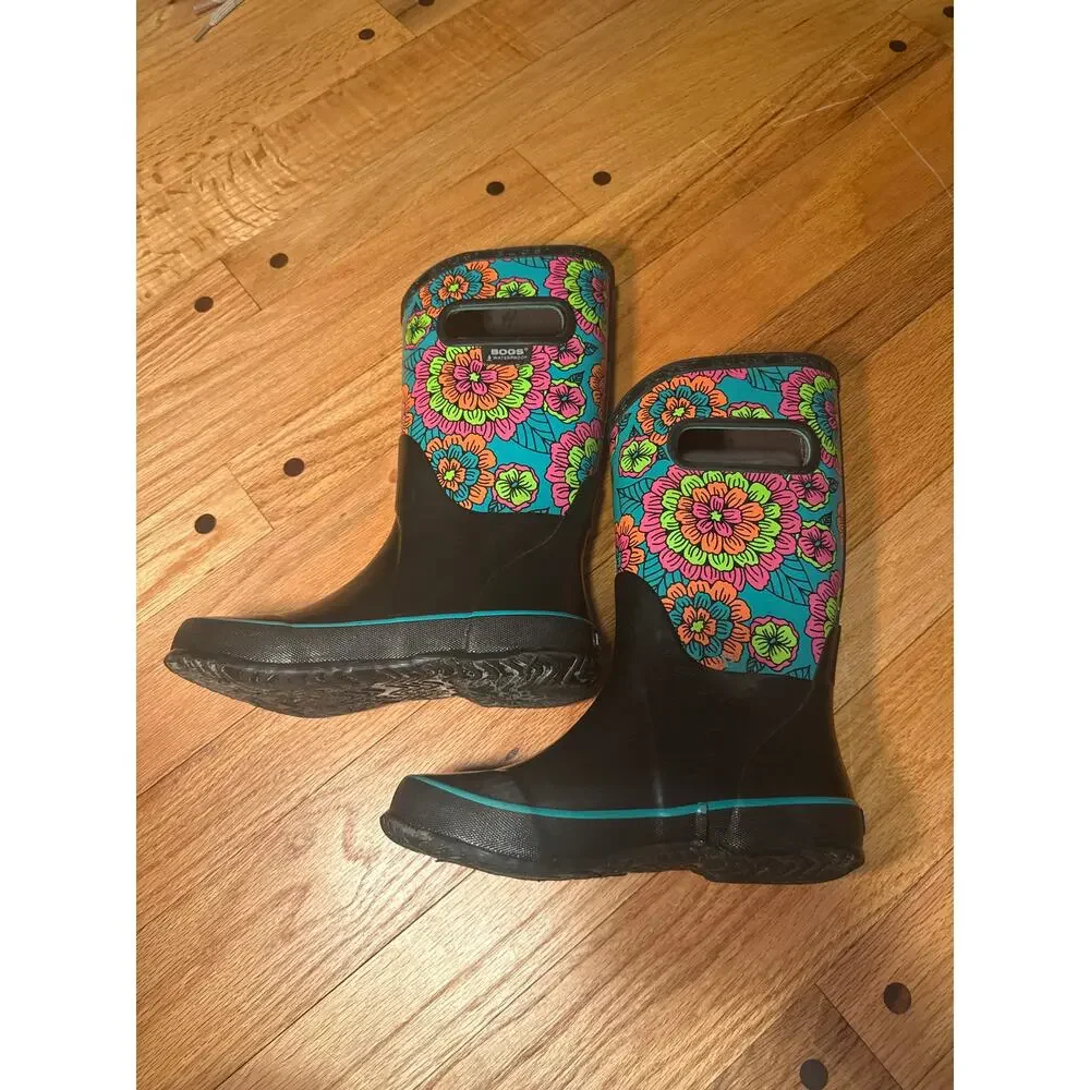 BOGS Pansies Rain Boots Youth Girls Size 1 Floral Waterproof Rubber Boots